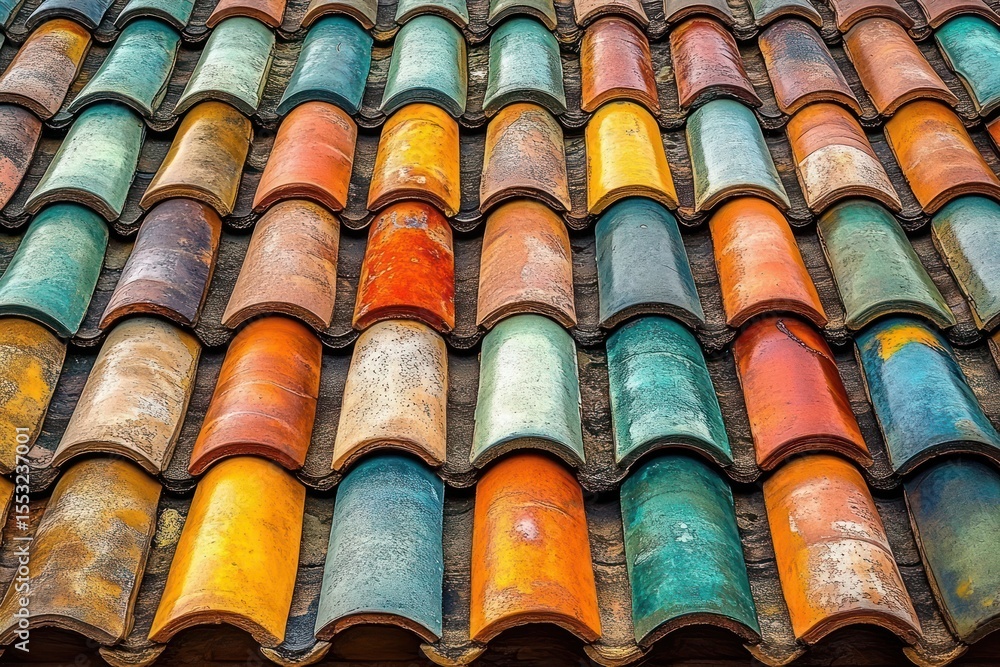 Poster close-up view of an old multicolored tiled roof with weathered and rustic curved ceramic tiles arran