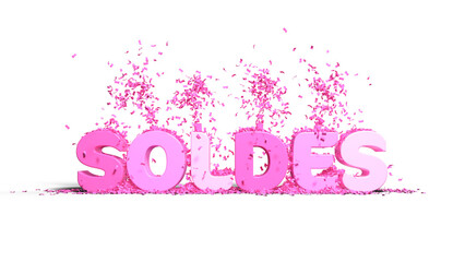 texte SOLDES écrit en rose avec jets de confettis sur le dessus - commerce - rendu 3D sur fond transparent