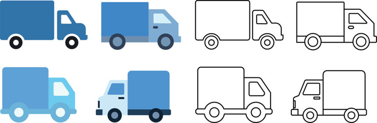 Collection of blue delivery trucks in various styles and outlines against a white background