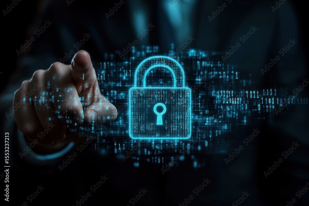Aufkleber close-up of a person in a suit pointing at a glowing digital padlock symbol representing cyber secur