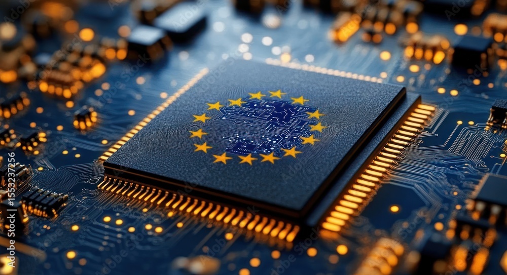Aufkleber close-up of a computer microchip with glowing circuitry and a ring of yellow stars resembling the eu