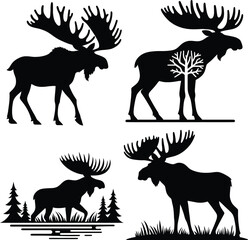 Four Moose Silhouettes in Different Poses and Settings