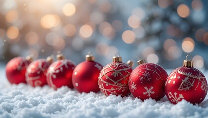  Festive Red Christmas Ornaments in a Row on Snowy Bokeh Background