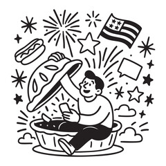 Illustration of person sitting pie, holding phone, surrounded by fireworks and stars