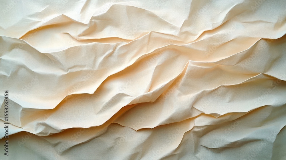 Poster close-up view of wrinkled, textured beige fabric creating soft, flowing folds and shadows with a tac