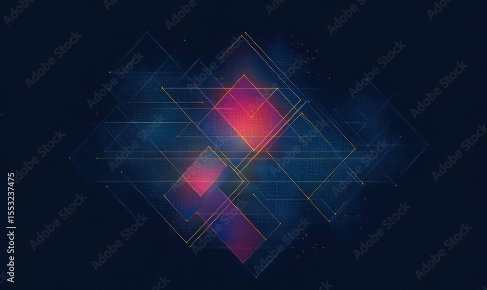 Poster abstract geometric composition featuring interconnected glowing squares and rectangles with vibrant 