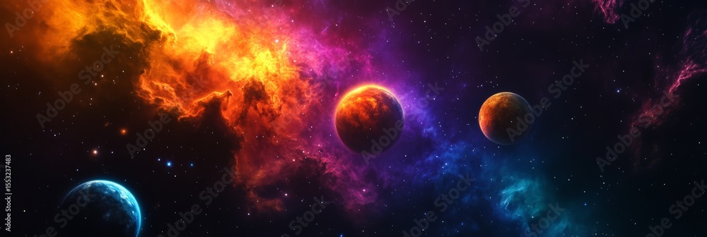Poster Planets and nebulae are illuminating the immensity of the universe, creating a breathtaking cosmic scenery with vibrant colors and starry backdrop