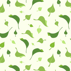 Beautiful nature ecology hand drawn seamless pattern with flat tea leaves, basil, mint, and lilac foliage, Green botanical design for fabric, wallpaper, packaging, and print, warm yellow background