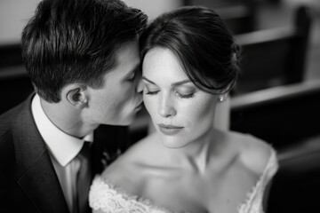 Black & White Summer Wedding: Groom's Forehead Kiss to Bride – Closed Eyes & Flushed Cheeks in Timeless Moment