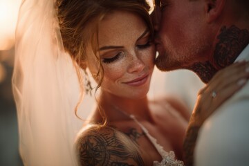 Summer Wedding: Groom’s Forehead Kiss to Bride – Closed Eyes in Quiet Bliss | Tender Romantic Moment