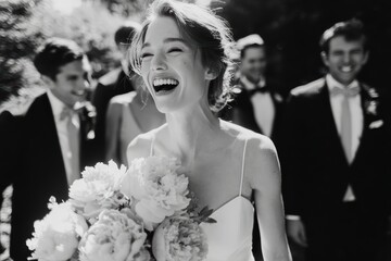 Summer Wedding: Waist-Up Portrait of Bride Mid-Laughter Clutching Peony Bouquet | Joyful Bridal Moment