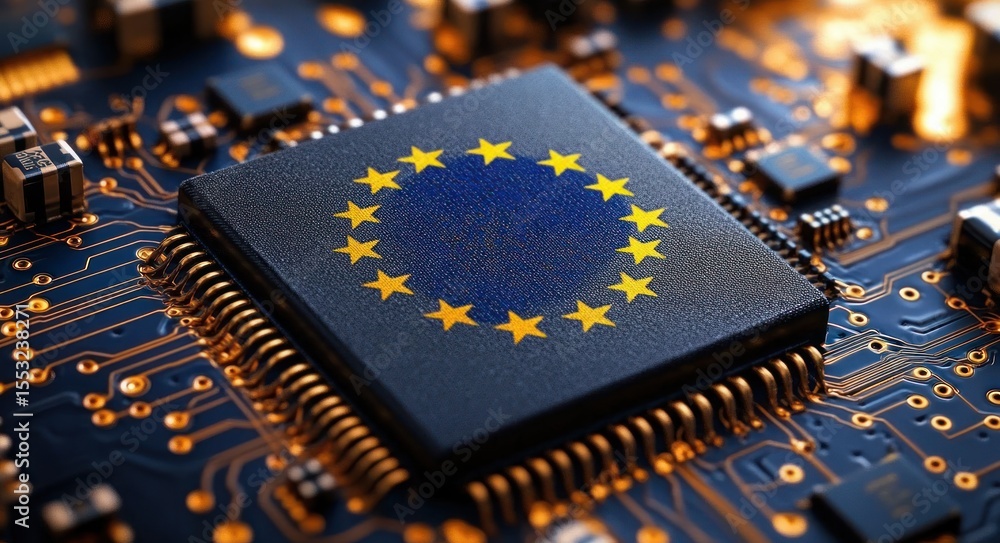 Poster close-up of a microchip on a circuit board featuring a circular ring of yellow stars on a blue backg