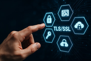 Businessman Pressing Virtual TLS Button – Transport Layer Security for Cloud Computing, SaaS, AWS, and Web Encryption

