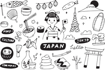 Japan Travel Doodle Vector | Geisha, Cherry Blossom, Sushi, Torii Gate, Mount Fuji, Kimono