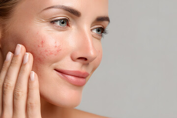 Woman gently touches her cheek, revealing acne while showcasing clear skin and a gentle smile in soft lighting