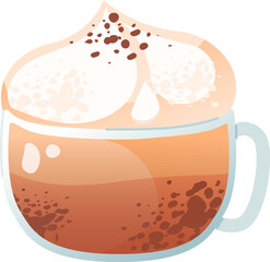 A cup of cappuccino topped with whipped cream and cocoa powder. The drink is served in a clear glass mug. Vector illustration