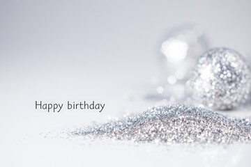 Happy birthday card, silver background, sequins, glitter, disco ball, copy space, minimalism