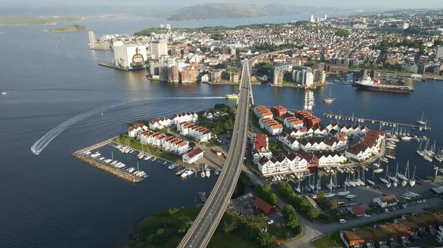 Aerial Shots of a Scenic Bridge with Driving Cars in Stavanger, Norway

