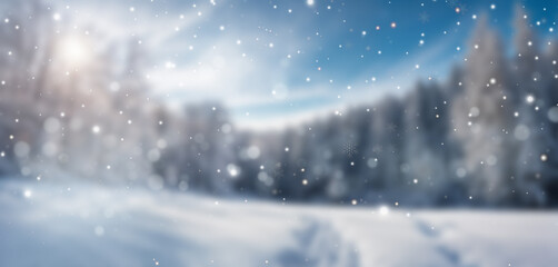 A snowy forest at sunset with pine trees, golden sunlight, and falling snowflakes, creating a dreamy and tranquil winter wonderland scene.