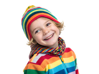 Portrait of a cheerful Caucasian child, around 5 years old, wearing colorful clothing, smiling at camera, isolated on Transparent background 