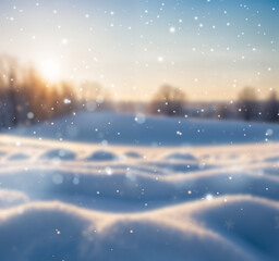 A snowy forest at sunset with pine trees, golden sunlight, and falling snowflakes, creating a dreamy and tranquil winter wonderland scene.