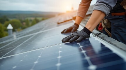 Fototapeta premium Handyman hands on solar panel that install on the roof of the house. Installation of solar panels on the roof of the house.