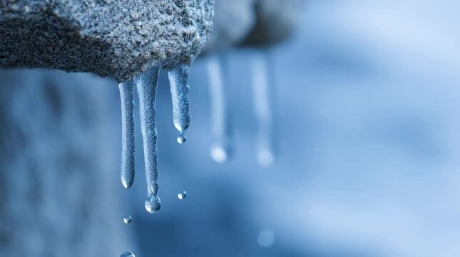 Melting icicles drip from frozen rock, showcasing beauty of winter chill with delicate droplets glistening in serene close up shot of natures ice.