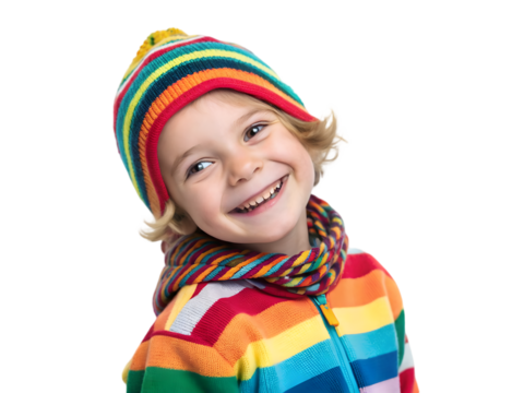 Portrait of a cheerful Caucasian child, around 5 years old, wearing colorful clothing, smiling at camera, isolated on Transparent background 
