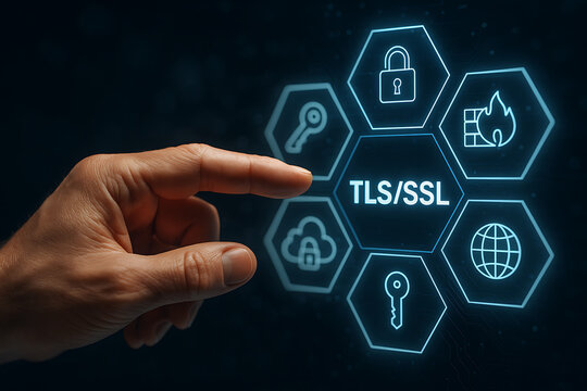 Businessman Pressing Virtual TLS Button &ndash; Transport Layer Security for Cloud Computing, SaaS, AWS, and Web Encryption

