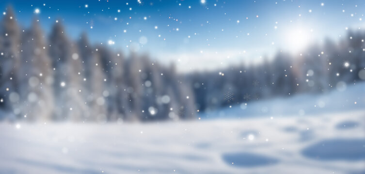 A snowy forest at sunset with pine trees, golden sunlight, and falling snowflakes, creating a dreamy and tranquil winter wonderland scene. - Powered by Adobe