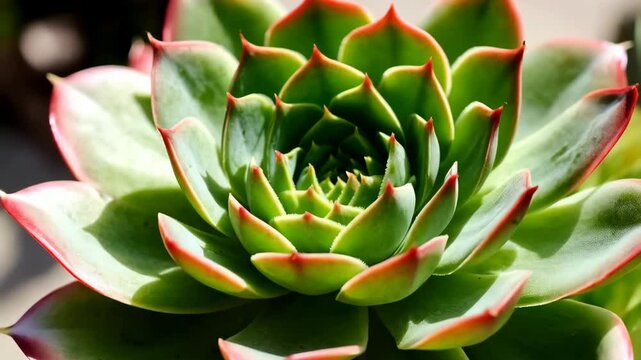 Macro close-up of a vibrant green succulent with reddish-orange tips, showcasing natural geometry and intricate leaf patterns.