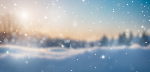 Naklejka premium A scenic snowy field with pine trees in the background, bright sunlight, and falling snowflakes, creating a peaceful and magical winter wonderland.