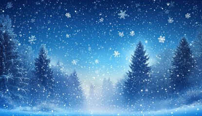 Snow-covered trees under a starry night sky.