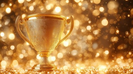 Golden trophy cup shining brightly with sparkling bokeh lights surrounding it, evoking feelings of celebration and achievement