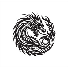Obraz premium Ornate black and white dragon design in a circular pattern, stylized and dynamic.