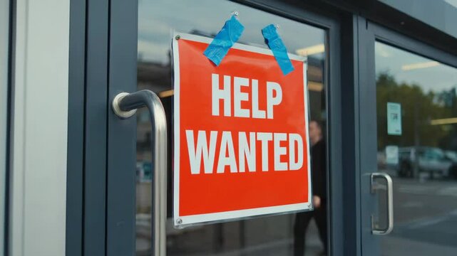 The words HELP WANTED are written on an orange sign taped in a door.