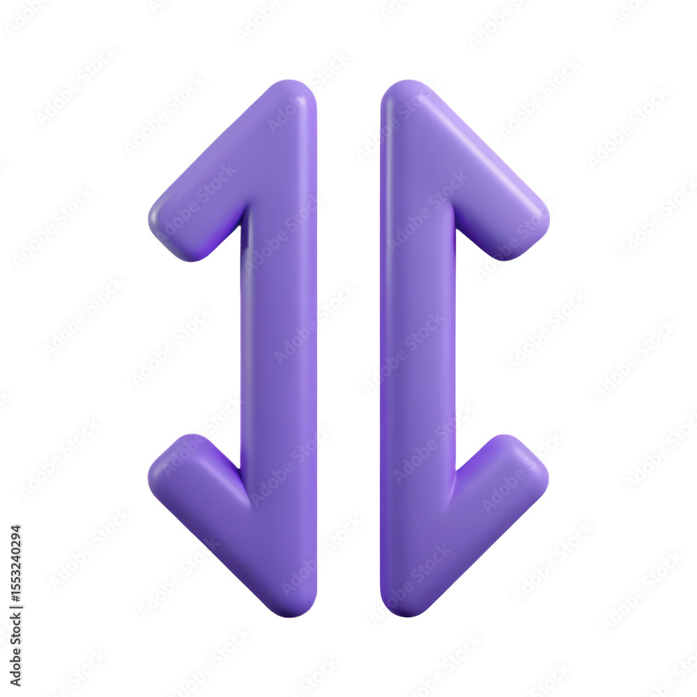 Poster purple 3d arrows pointing up and down symbolizing data transfer on a background render