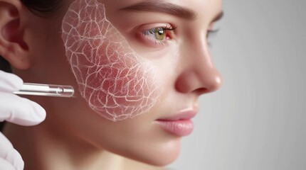 Artificial skin transplant applied to woman’s face as doctor uses precision laser tool, highlighting advanced biotechnology, regenerative medicine, and futuristic skincare treatment.