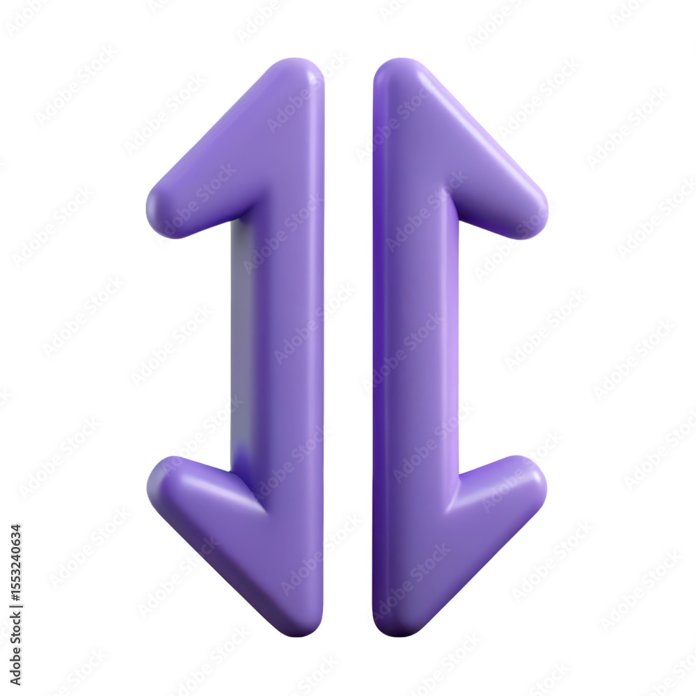 Poster two purple arrows pointing up and down symbolizing exchange,transfer,or synchronization on backgroun