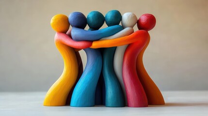 Colorful wooden figurines standing in a circle with arms around each other symbolizing unity and teamwork