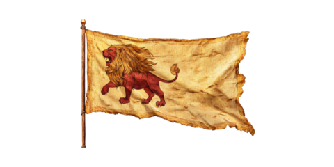 Vintage Lion Emblem Tattered Flag. Symbol Of Strength And Heritage Isolated On Transparent Background