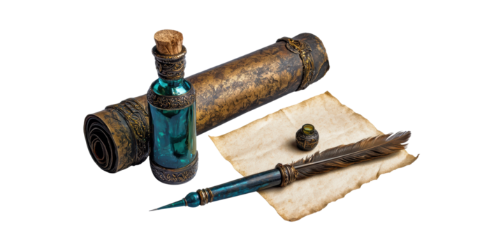 Antique Quill Pen, Ink Bottle, And Scroll Parchment. Vintage Writing Tools For Historical Documentation Isolated On Transparent Background