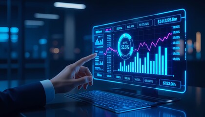 Digital data visualization showing financial growth, business analytics, futuristic chart, and modern investment performance