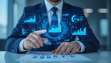 Corporate dashboard shows growth, profit, investment, and financial trend metrics