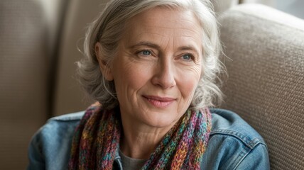 Mature caucasian woman with scarf relaxing on cozy couch