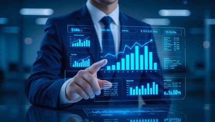 businessman pushing a touch screen interface