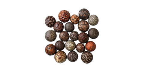 Assorted Decorative Chocolate Truffles With Artistic Patterns. Gourmet Confectionery And Culinary Art Isolated On Transparent Background