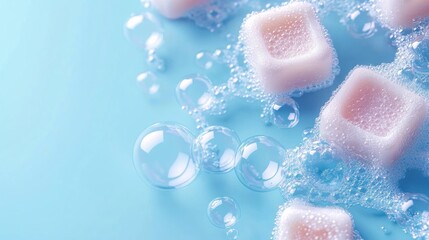 close-up of pink dishwasher detergent pods with bubbles on light blue surface