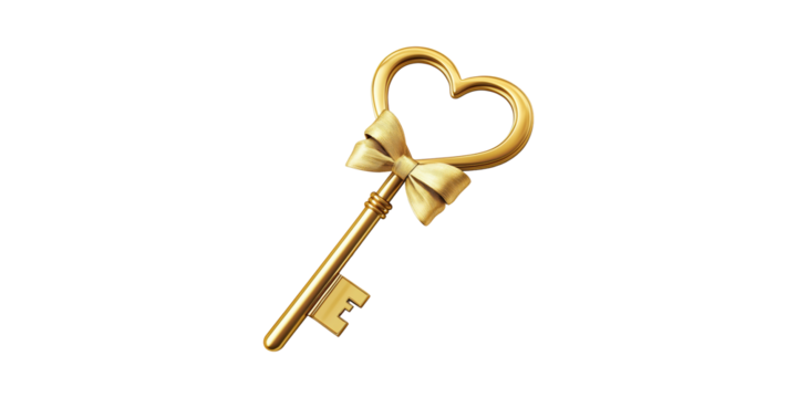 Golden Heart-Shaped Key With Bow Symbolizing Love And Romance Isolated On Transparent Background - Powered by Adobe