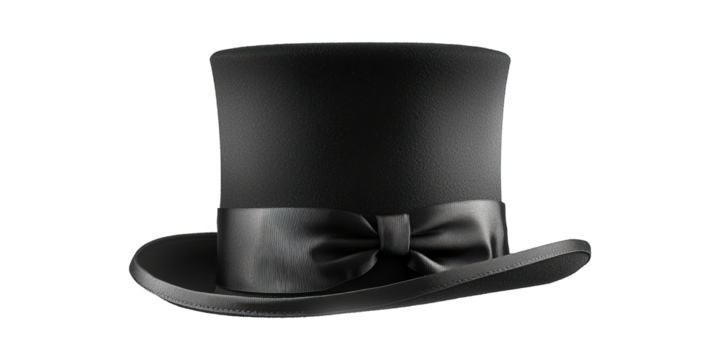 Black Top Hat With Satin Ribbon. Classic Fashion Accessory For Formal Occasions Isolated On Transparent Background